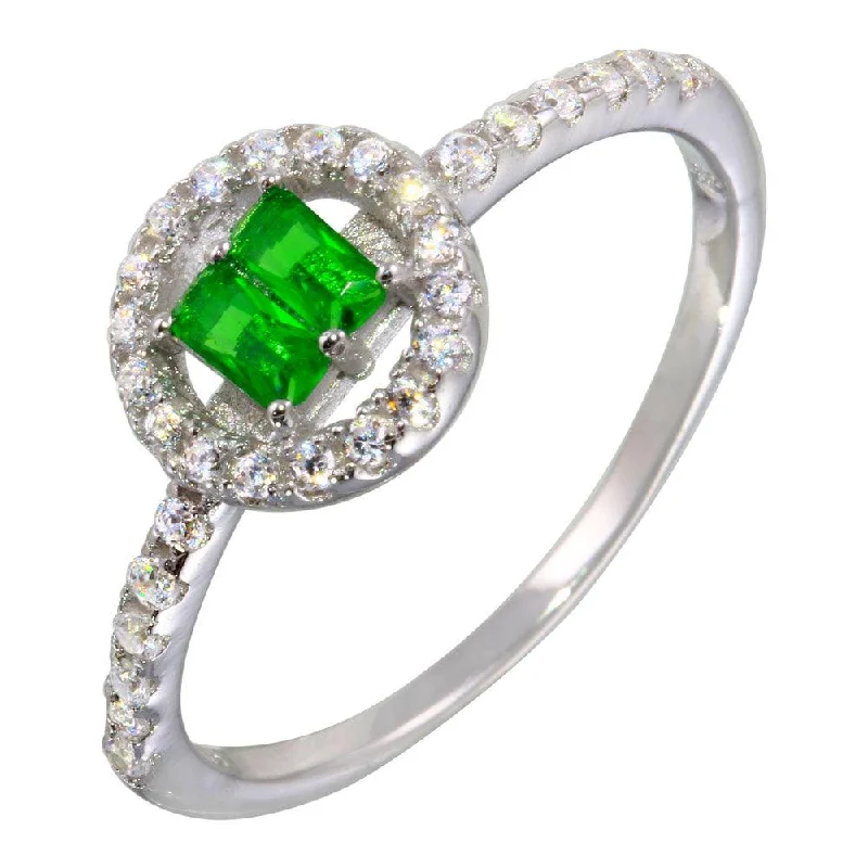 Rhodium Plated 925 Sterling Silver Green Stone Ring with CZ - BGR01140GRN