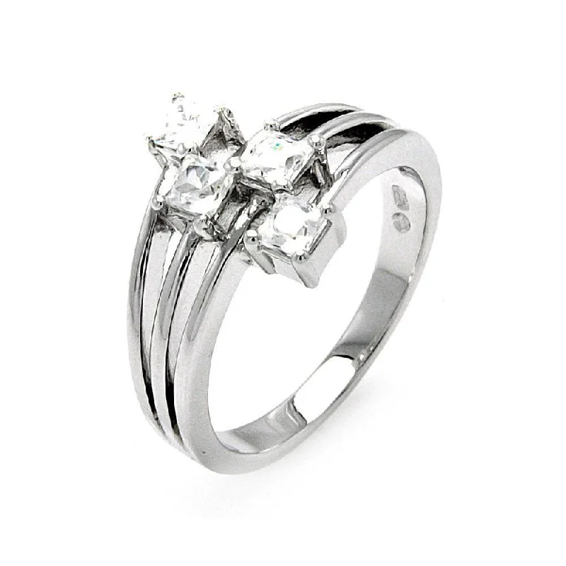 Silver 925 Rhodium Plated Multiple Square Clear CZ 4 Row Ring - BGR00503