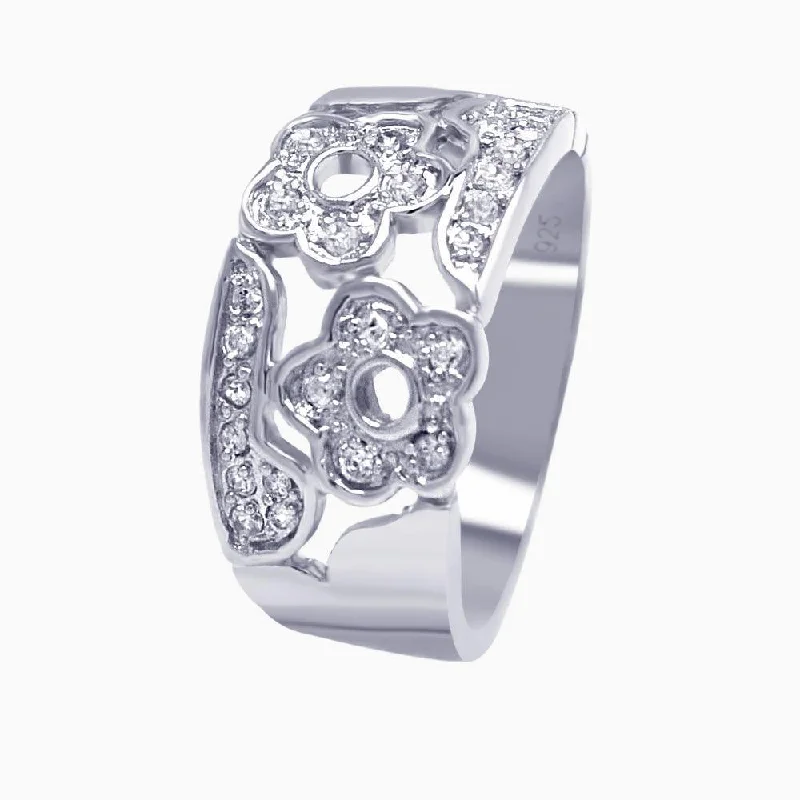 Silver 925 Rhodium Plated Pave Clear CZ Flower Ring - AAR0027