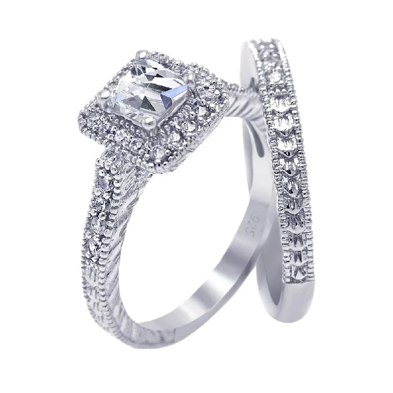 Silver 925 Rhodium Plated Pave Clear Square Cluster CZ Engagement Ring Set - ACR00025