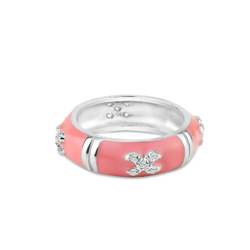 Closeout-Silver 925 Rhodium Plated Pink Enamel Pave Set CZ Ring - STR00519