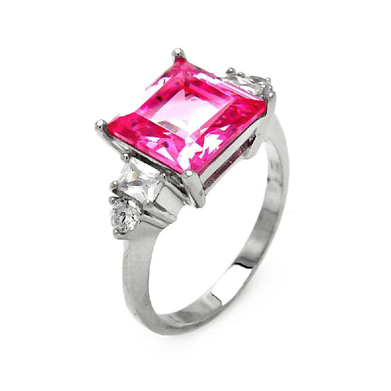 Closeout-Silver 925 Rhodium Plated Pink Princess Cut CZ Ring - STR00014