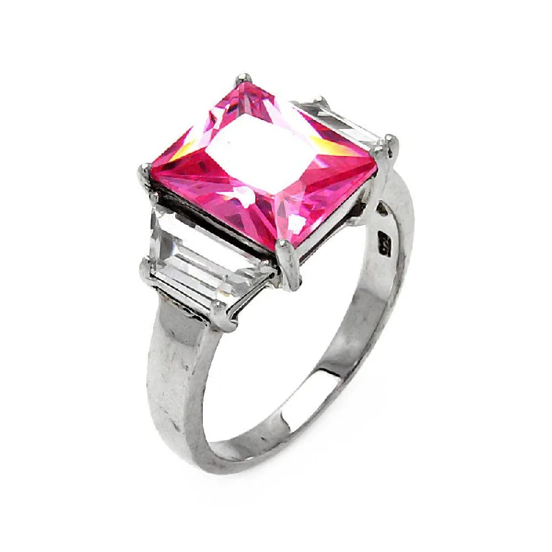 Silver 925 Rhodium Plated Pink Princess Cut CZ Ring - STR00047PNK