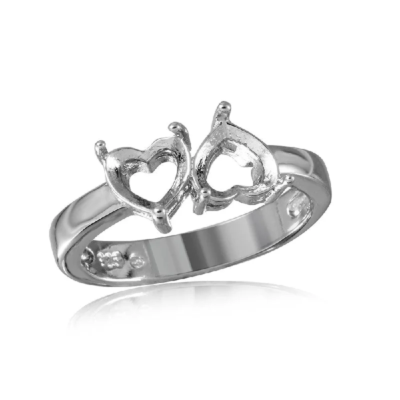 Silver 925 Rhodium Plated Reversed Double Hearts Mounting Ring - BGR00499