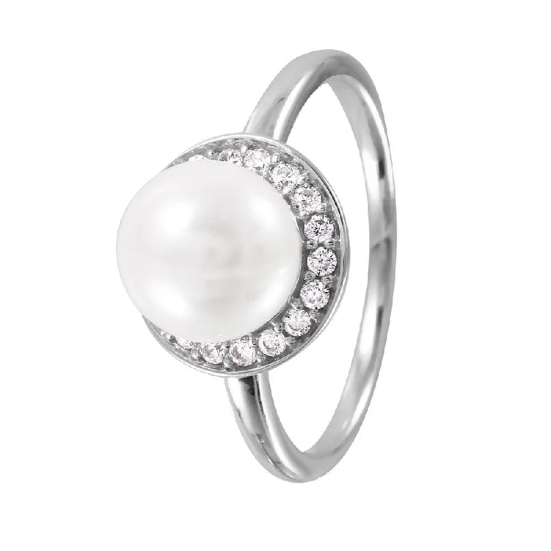 Silver 925 Rhodium Plated Round Band with Synthetic Pearl CZ Halo Ring - GMR00073