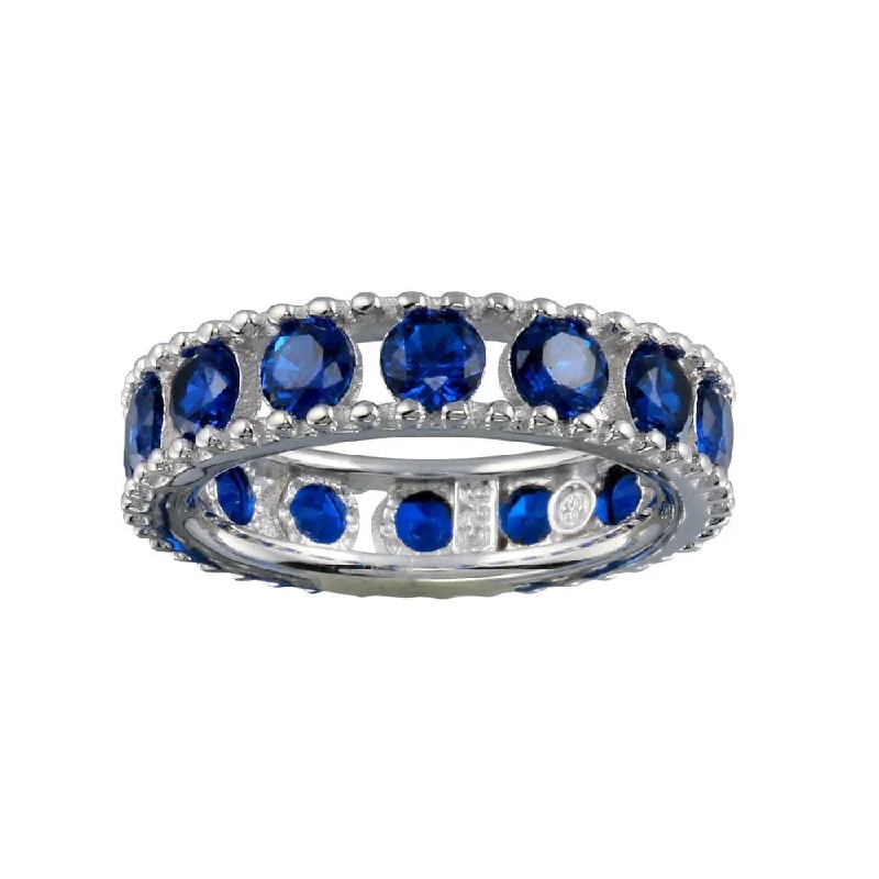 Rhodium Plated 925 Sterling Silver Round Blue CZ Band - BGR01293BLU