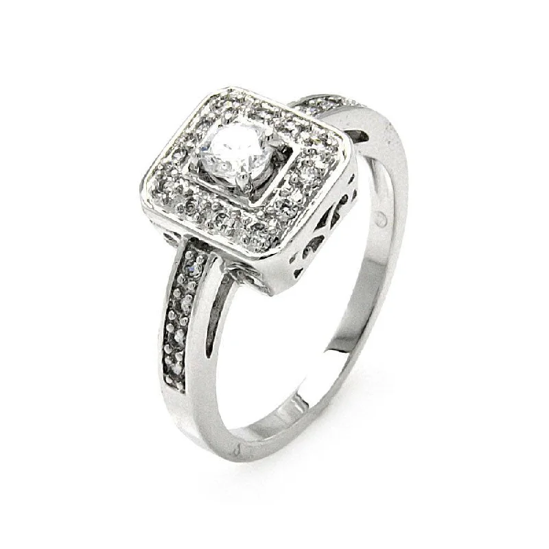 Silver 925 Rhodium Plated Round Center Clear Cluster CZ Square Ring - BGR00462