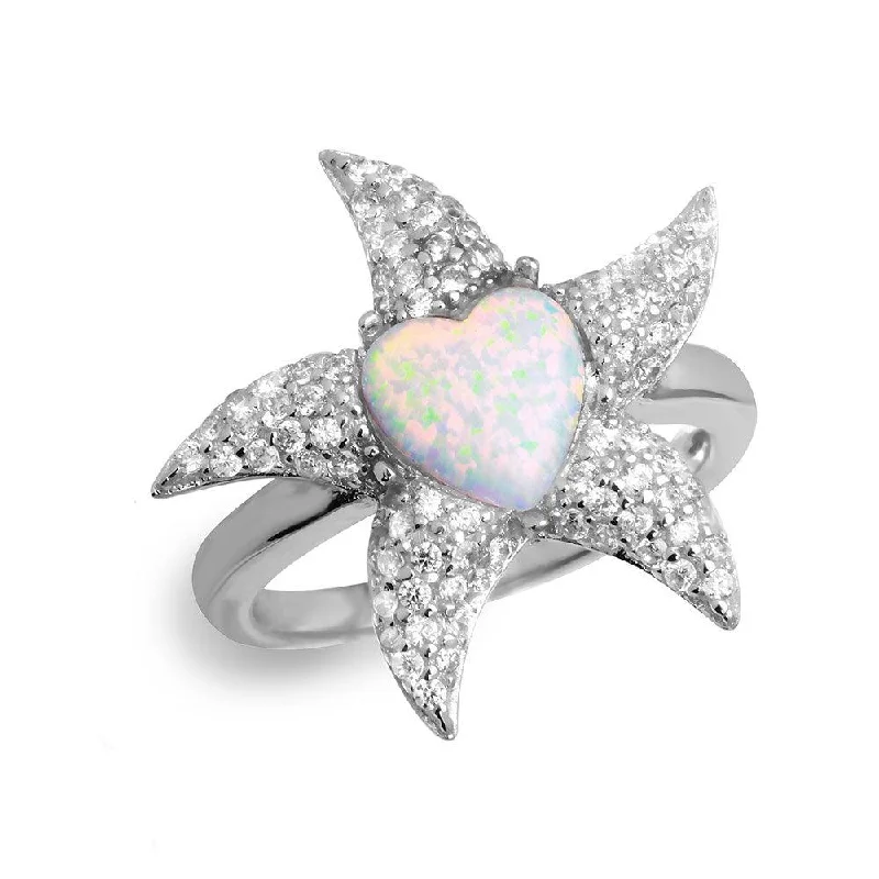 Silver 925 Rhodium Plated Starfish Ring with Synthetic Opal and CZ - BGR01049