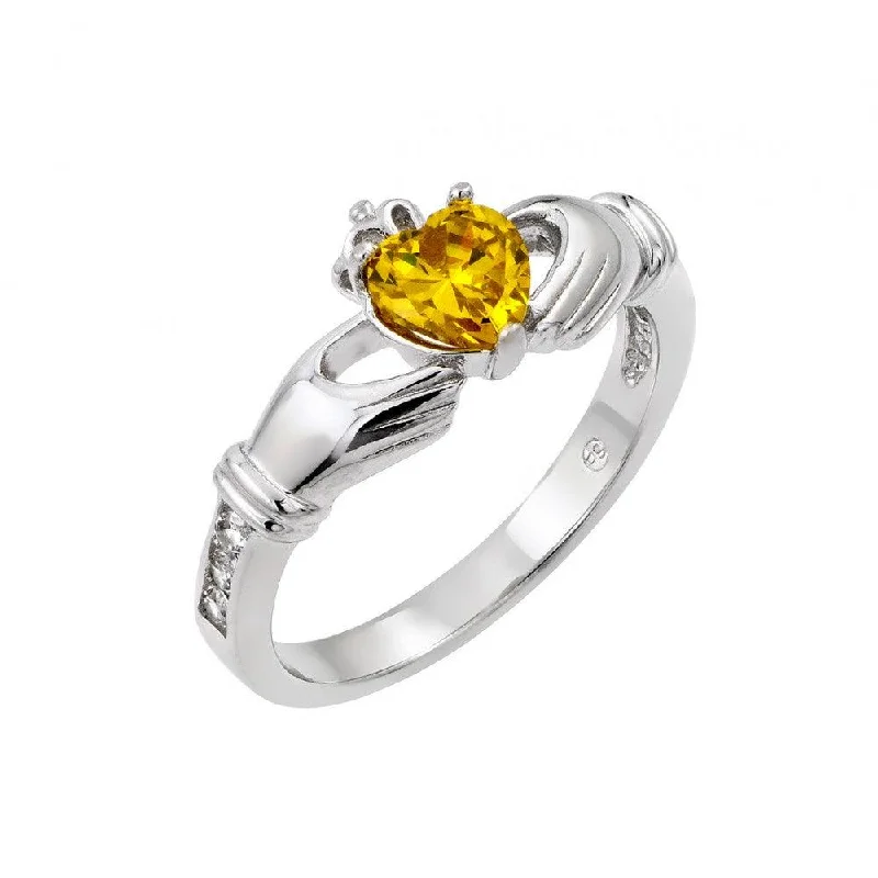 Silver 925 Rhodium Plated Yellow Heart CZ Claddagh Ring - BGR00491YEL