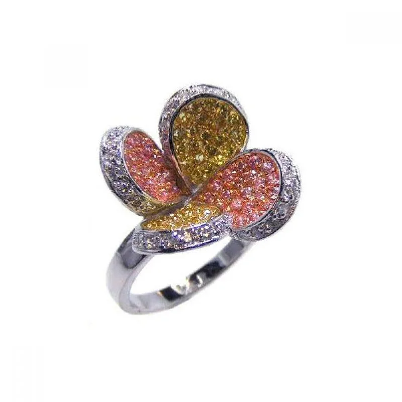 Closeout-925 Sterling Silver Three Toned Multi-Color CZ Flower Ring - BGR00040