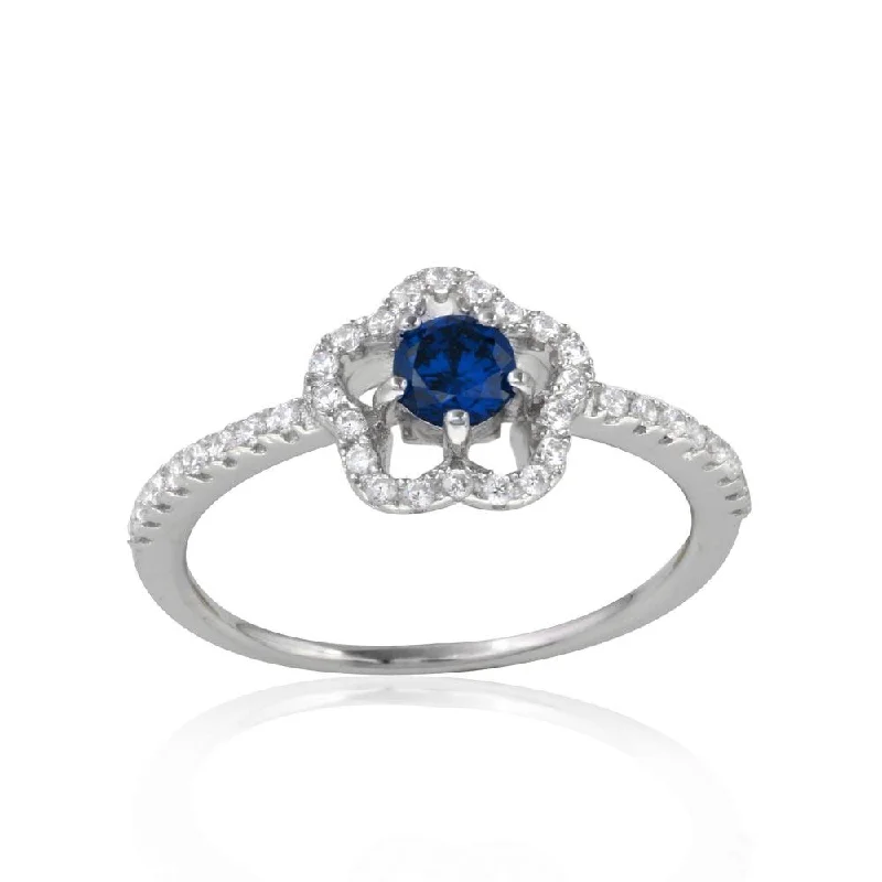 Rhodium Plated 925 Sterling Silver Clover Micropave Ring with Blue Center CZ and Clear Round CZ - BGR01120BLU