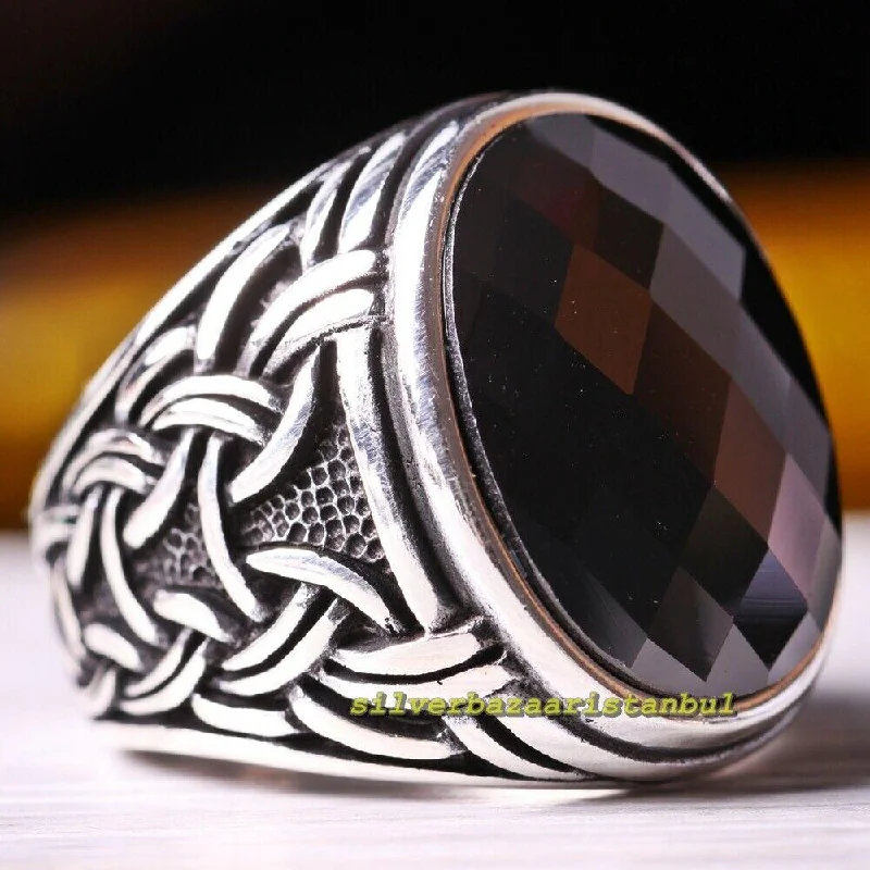 Wind Faceted Onyx Stone Turkish 925 Sterling Silver Mens Ring