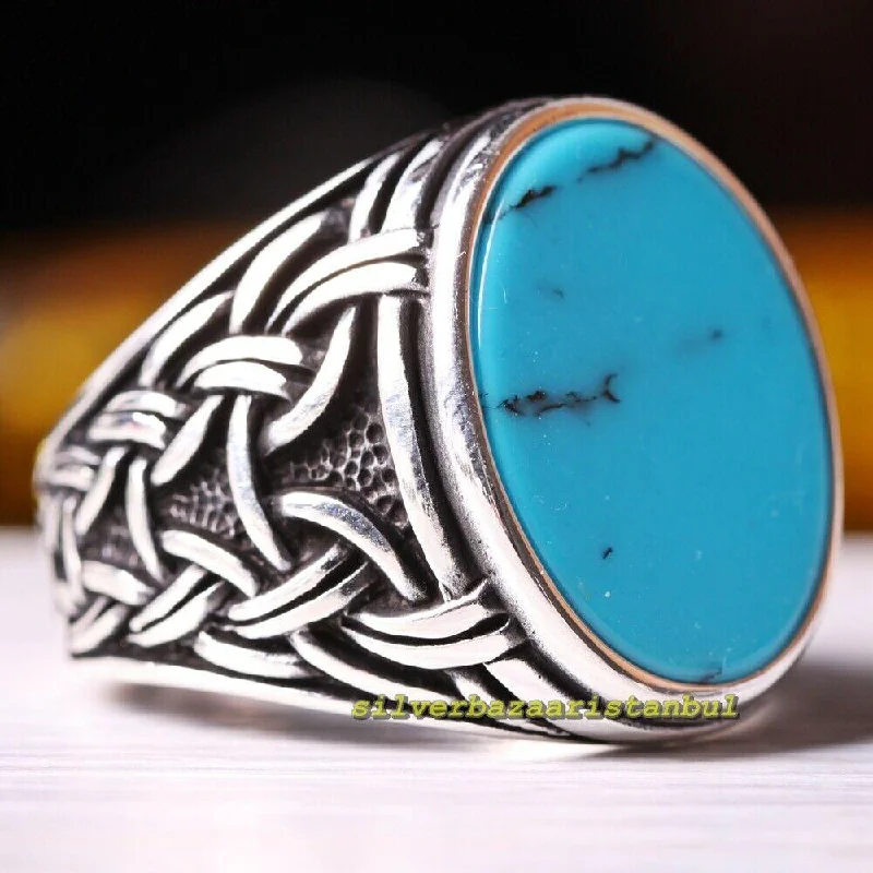 Wind Turquoise Stone Turkish Handmade 925 Sterling Silver Mens Ring