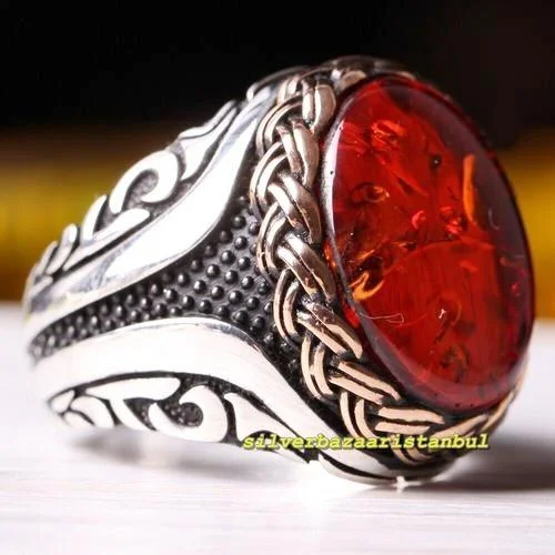 Winding Amber Stone Exclusive 925 Sterling Silver Mens Ring