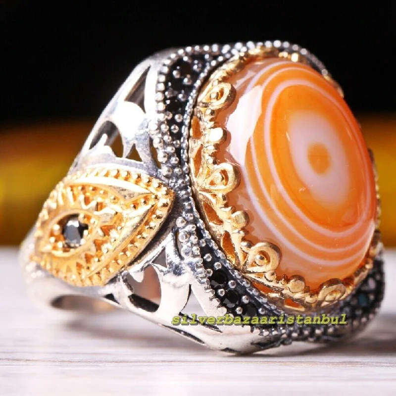 Yemeni Agate Aqeeq and Onyx Stone 925 Sterling Silver Mens Ring