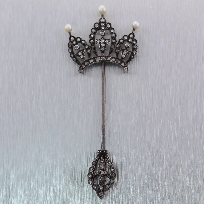 1850s Antique Victorian Sterling Silver 9k Gold 1.50ctw Diamond Pearl Stick Pin