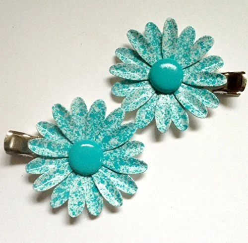 Aqua Blue Speckled Metal Flower Hair Clips (set of 2)