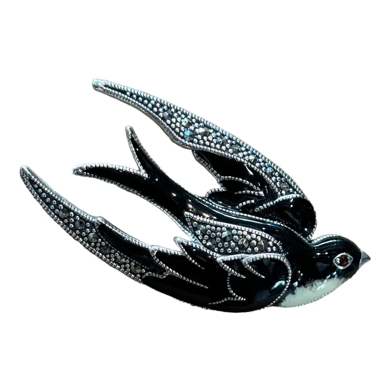 Black enamel Bird Brooch silver Marcasite