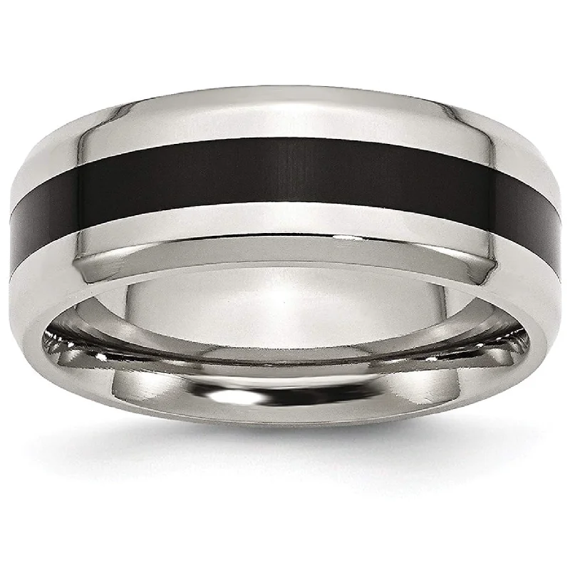 Beveled Edges Black Stripe Stainless Steel Ring