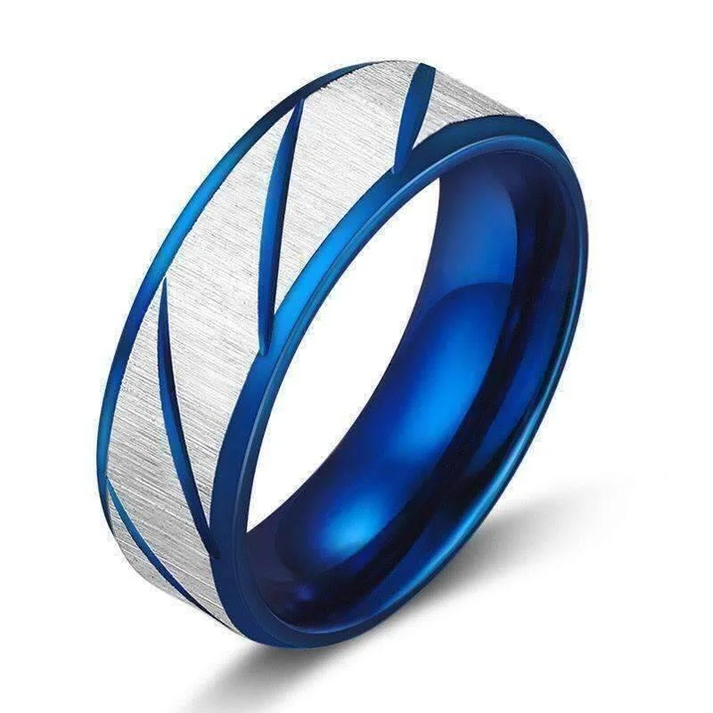 Blue Titanium Etched Men's Wedding Band Ring