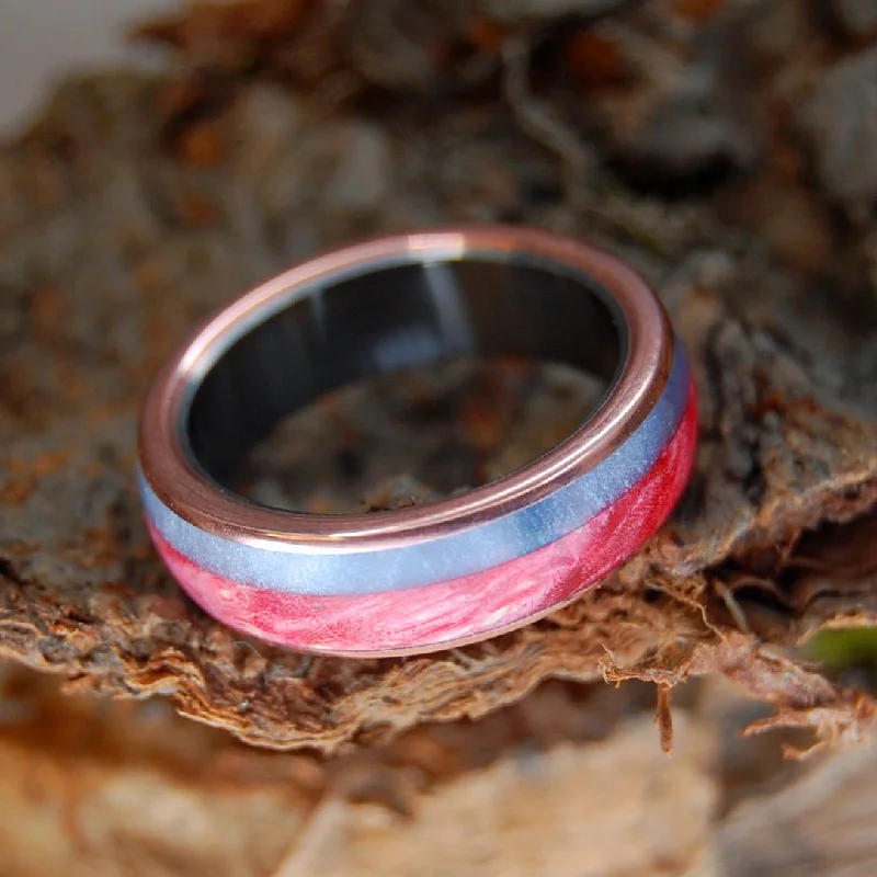 Bog At Sunset | Men's Gray Marbled Opalescent, Red Box Elder, Copper & Titanium Wedding Ring