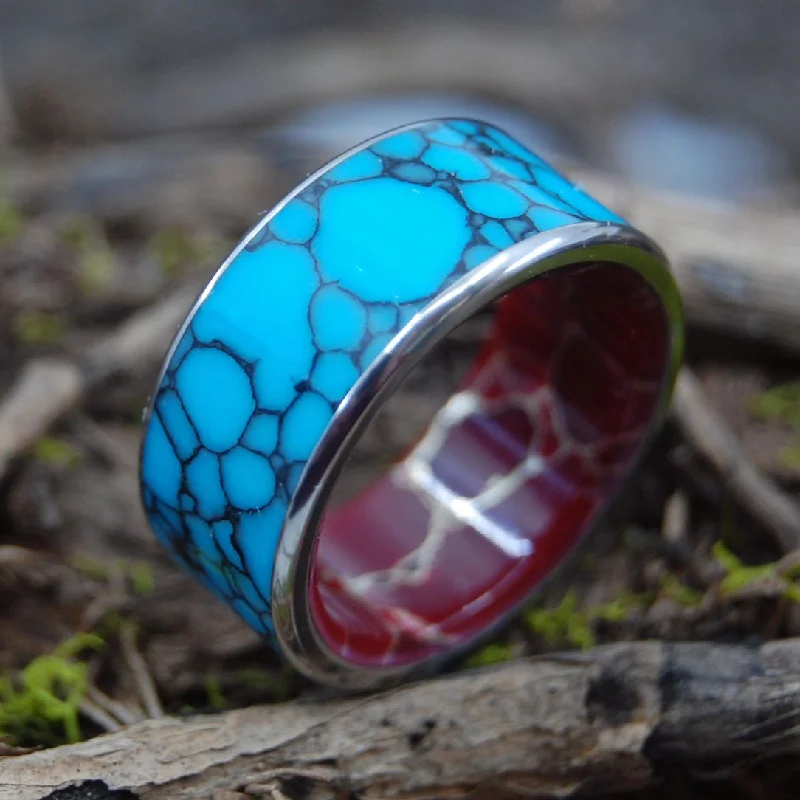 Bow To The King With Edges | Men's Turquoise, Red Jasper & Titanium Wedding Ring