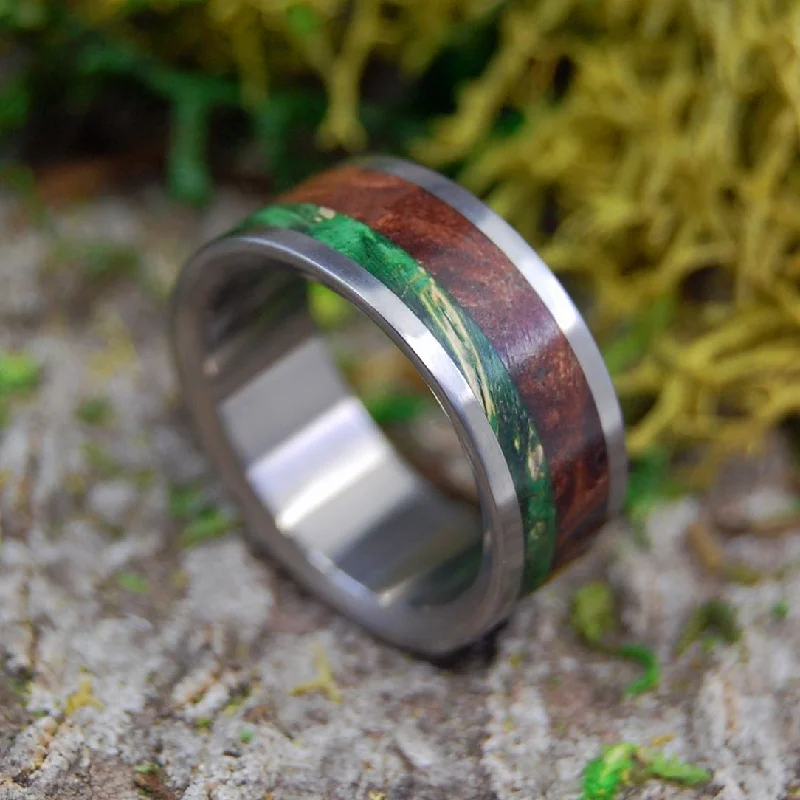 Our Park Bench | Men's Green Box Elder Wood, Thuya Burl & Titanium Wedding Ring