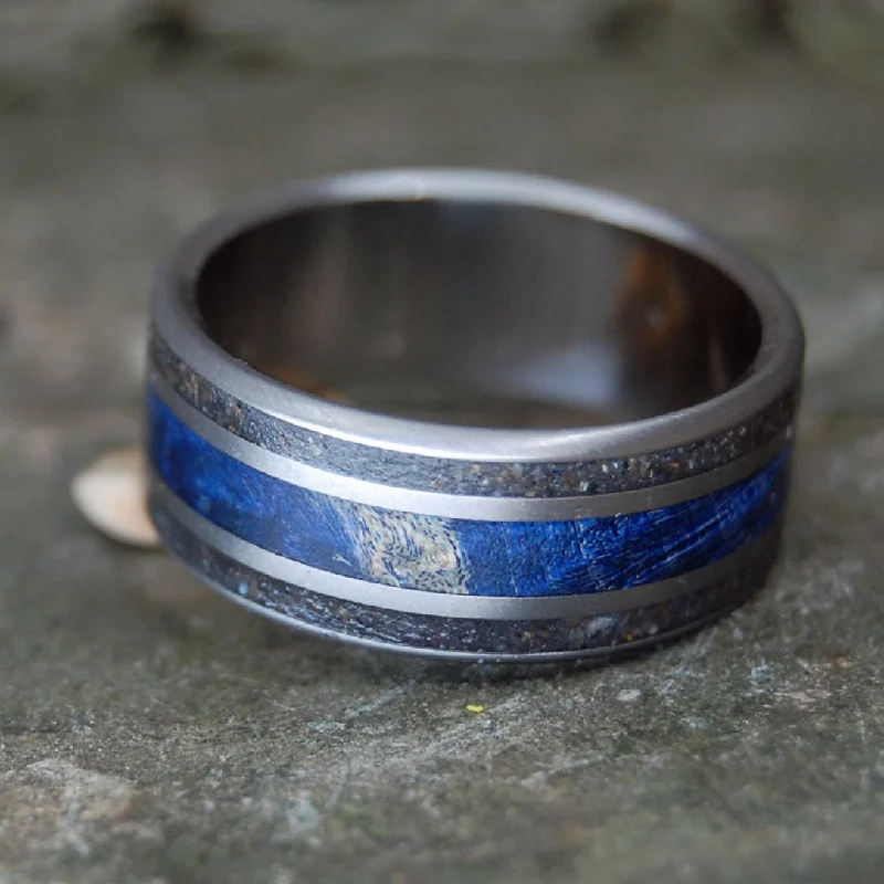 Black And Blue To Keep It True | Men's Blue Box Elder Wood, Black Sand & Titanium Wedding Ring