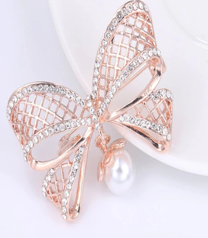 Rose Gold or Silver Bow Brooch Rhinestone Crystal BR-12