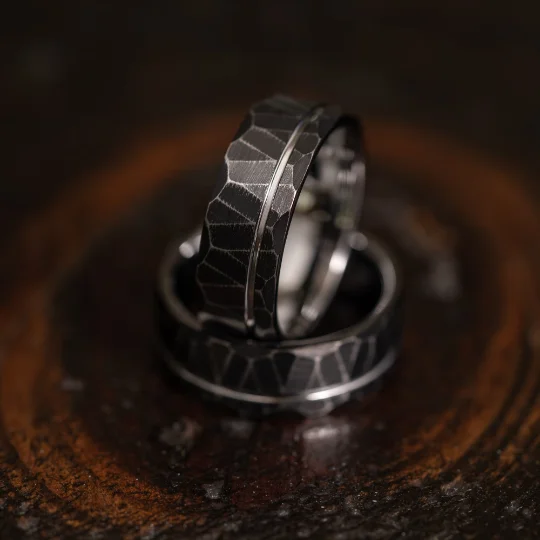 "Zeus" Distressed Hammered Tungsten Carbide Ring- Black w/ White Gold Gold Strip- 8mm