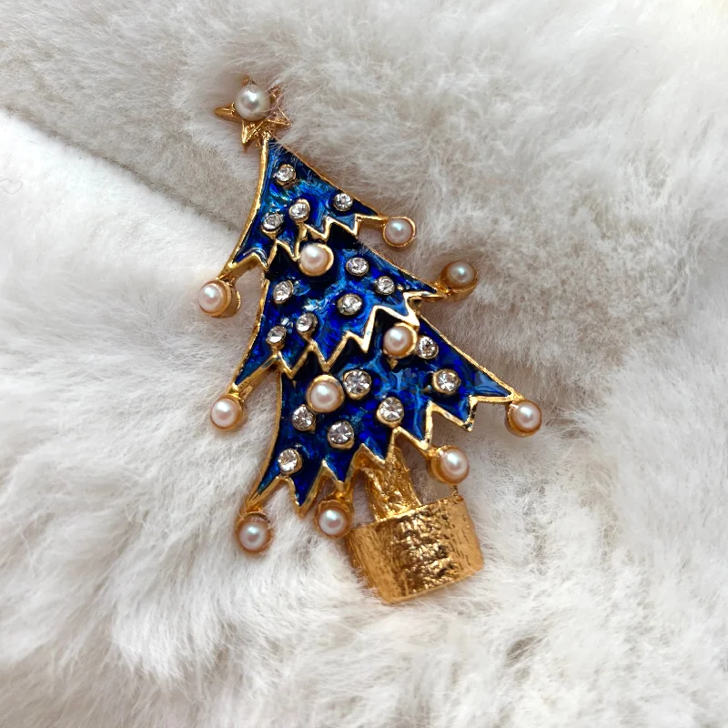 Blue Christmas tree brooch in enamel