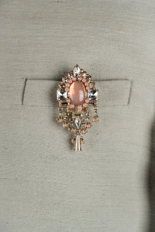 Crystal With Peach Stone Brooch