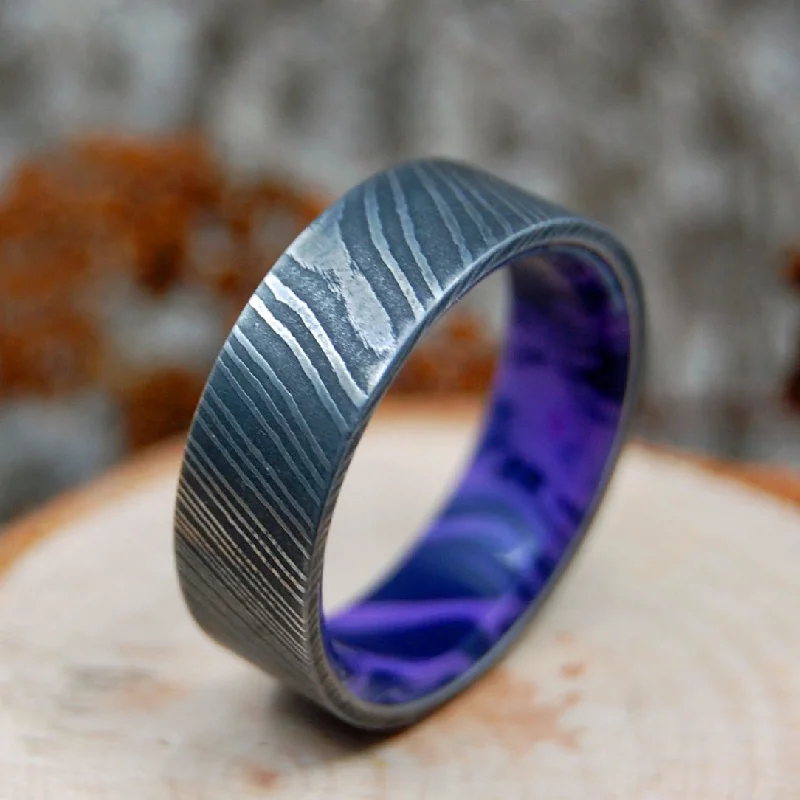 Charoite Stone Vortex | Men's Damascus Steel, Purple Charoite Stone & Titanium Wedding Ring