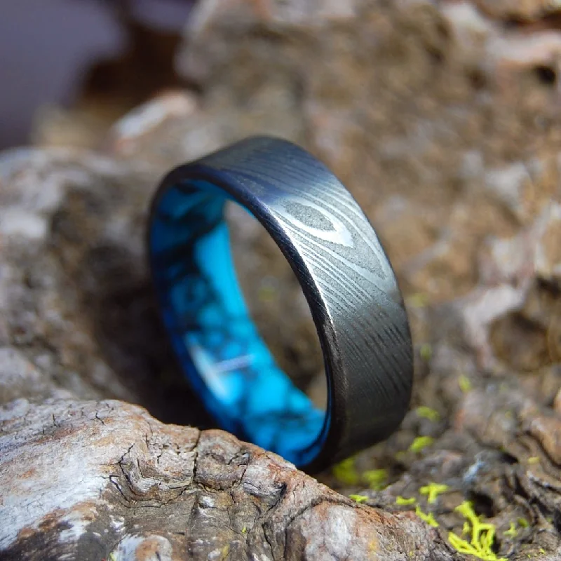 Lake Everest | Men's Damasteel Damascus, Turquoise & Titanium Wedding Ring