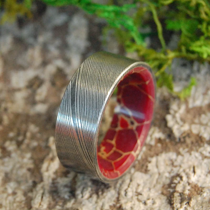 Red Jasper Vortex | Men's Damascus Steel, Red Jasper & Titanium Wedding Ring