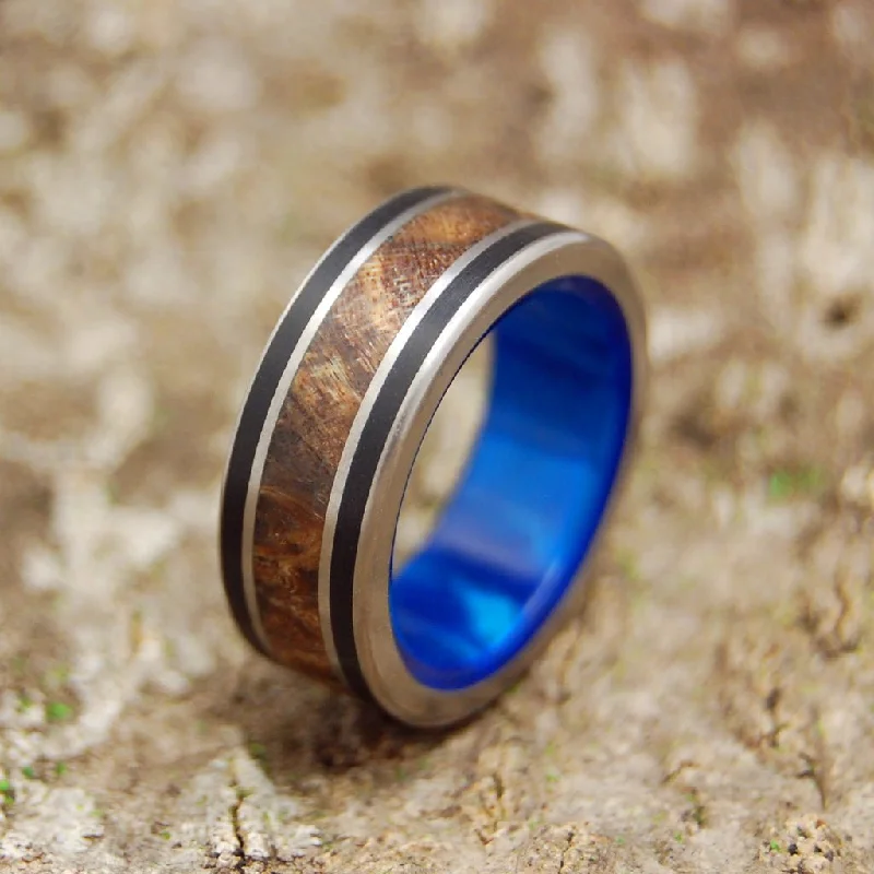 Dream King | Men's Dark Maple Wood, Black Onyx, Blue Marbled Opalescent Resin & Titanium Wedding Ring