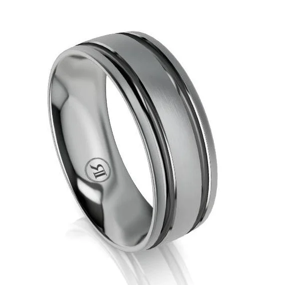 Dual Grooved Black and Grey Zirconium Wedding Ring