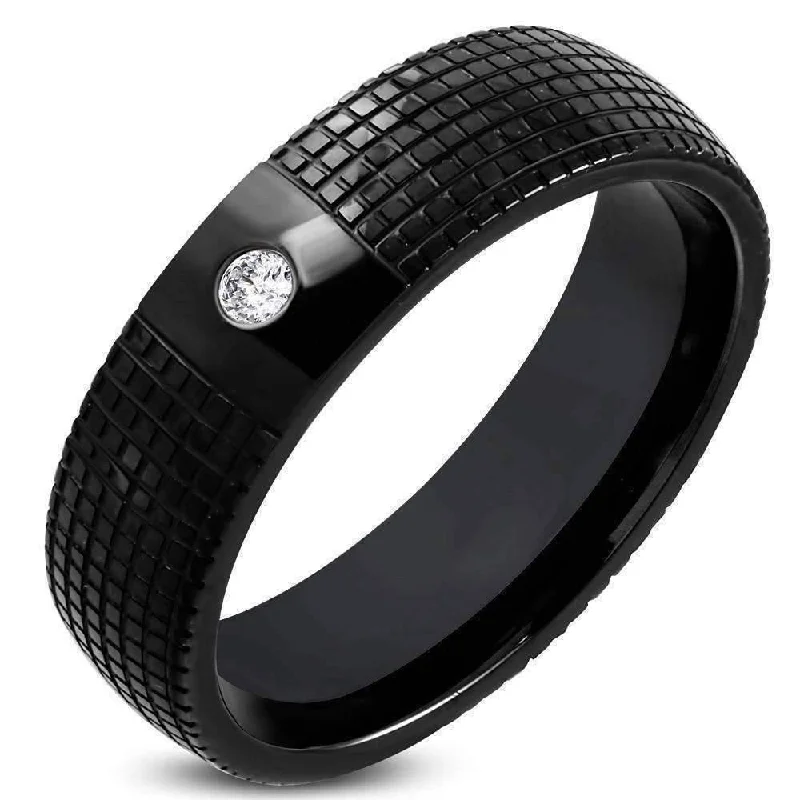 Essence Laser Etched Men's Black Stainless Steel Band Ring with Inset CZ