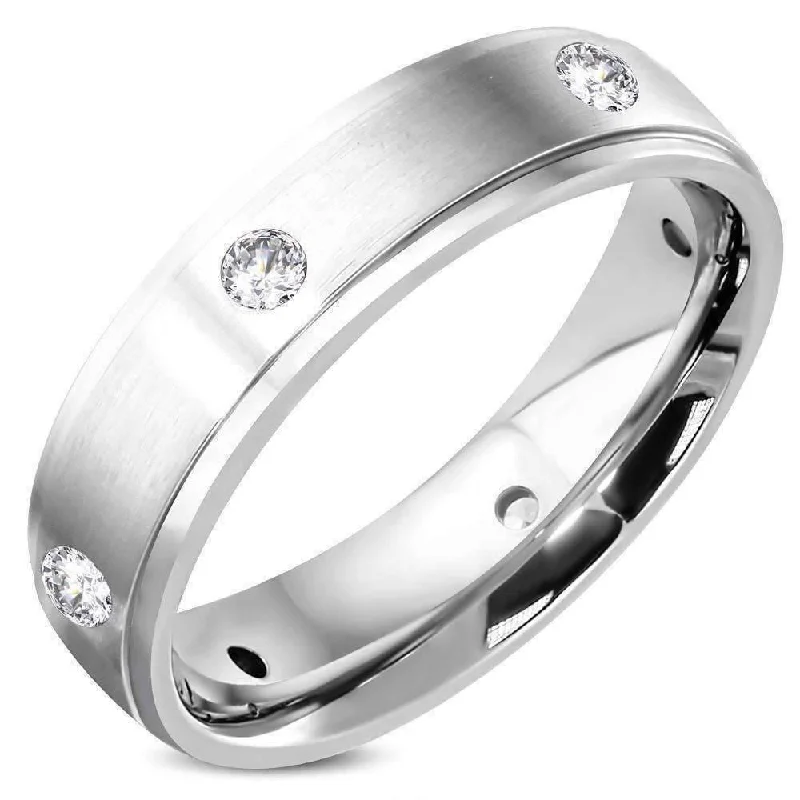 Eternal Satin Finished Men's Stainless Steel CZ Inset Band Ring