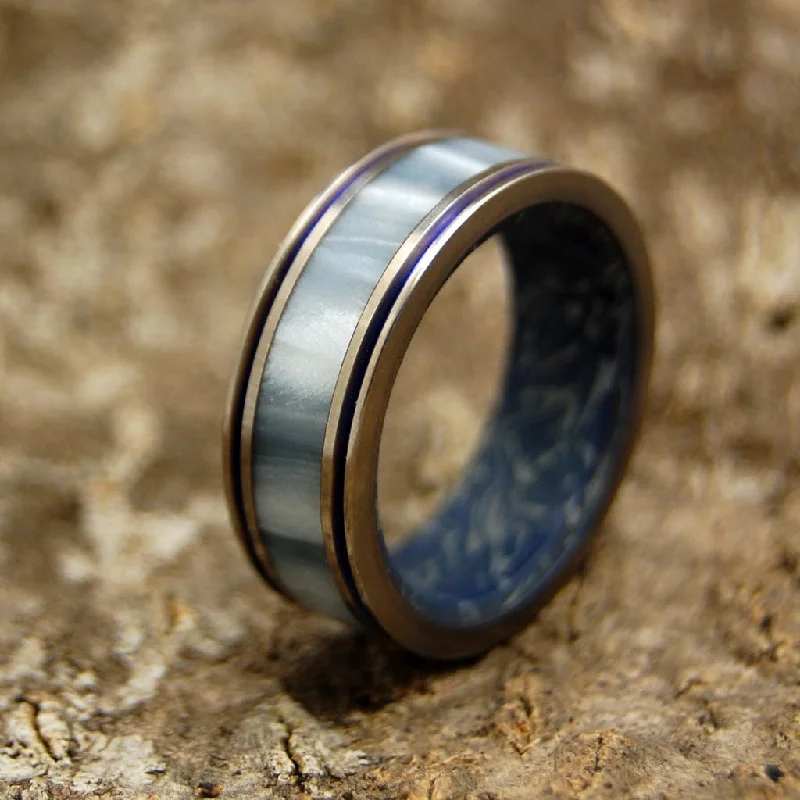 Gandalf | Men's Gray Pearl Opalescent Resin, M3 Blue Silver & Titanium Wedding Ring