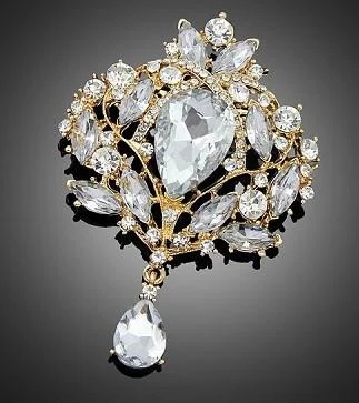 Large Gold Brooch Flower Pendant Pin Rhinestone Crystal BR-037G