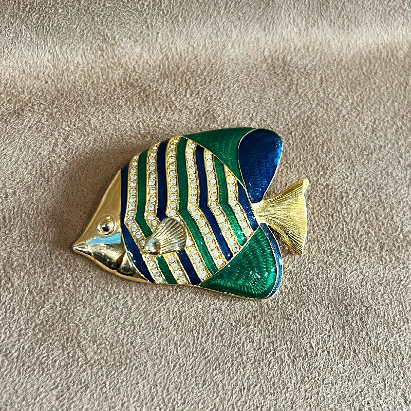 Kenneth Jay Lane Large Vintage Fish Brooch in Green Blue Enamel