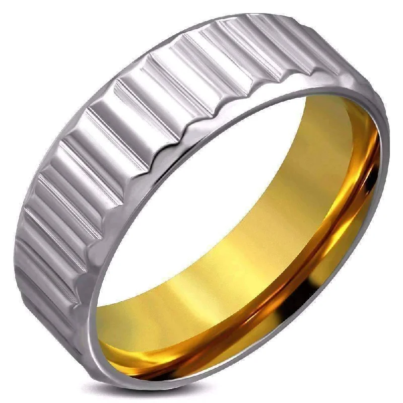 Groove Men's Gold Plated Stainless Steel Ribbed Band Ring