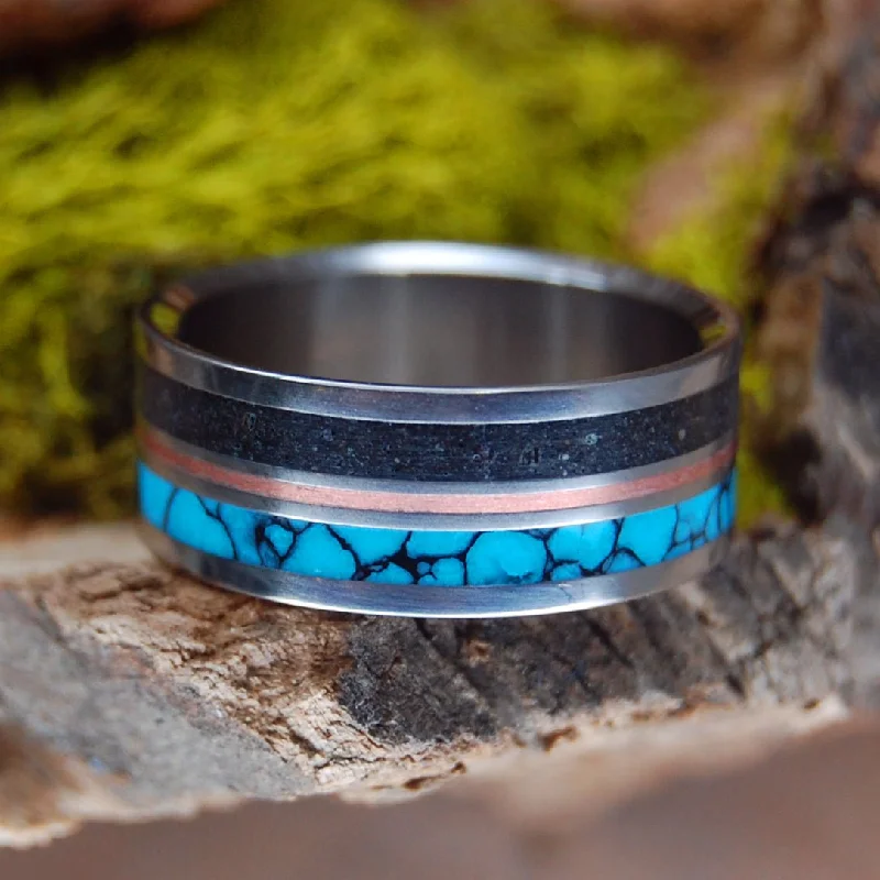 I Lava Iceland Iii | Men's Beach Sand, Turquoise, Copper & Titanium Wedding Ring