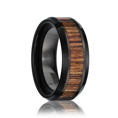 KREV | Men's Unique Wedding Ring | Black Ceramic | Bloodwood Inlay | 8mm