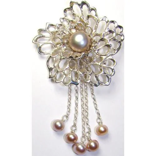 Lacy Flower, 5 Pearl Drop Chains Gossamer Brooch