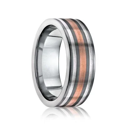 LANDON | Wedding Ring | Tungsten | Inlays of Rose Gold and Silver | 8mm