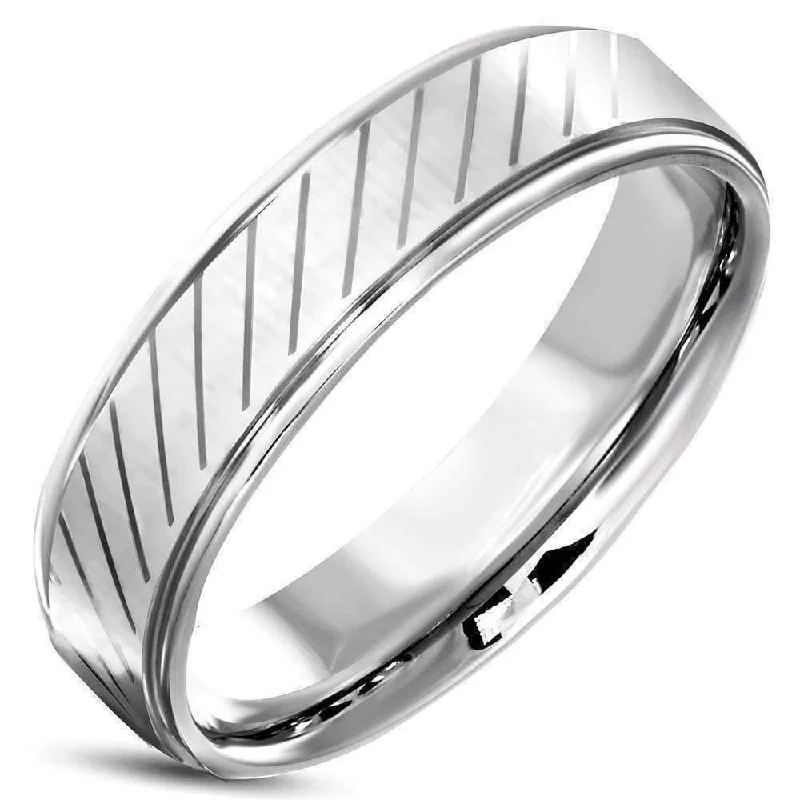 Men's 6mm Diagonal Striped Comfort Fit 316 Stainless Steel Wedding Band Ring