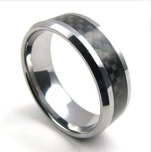 Men's Geometric Carbon Fiber Inlay Polished Tungsten Carbide Ring