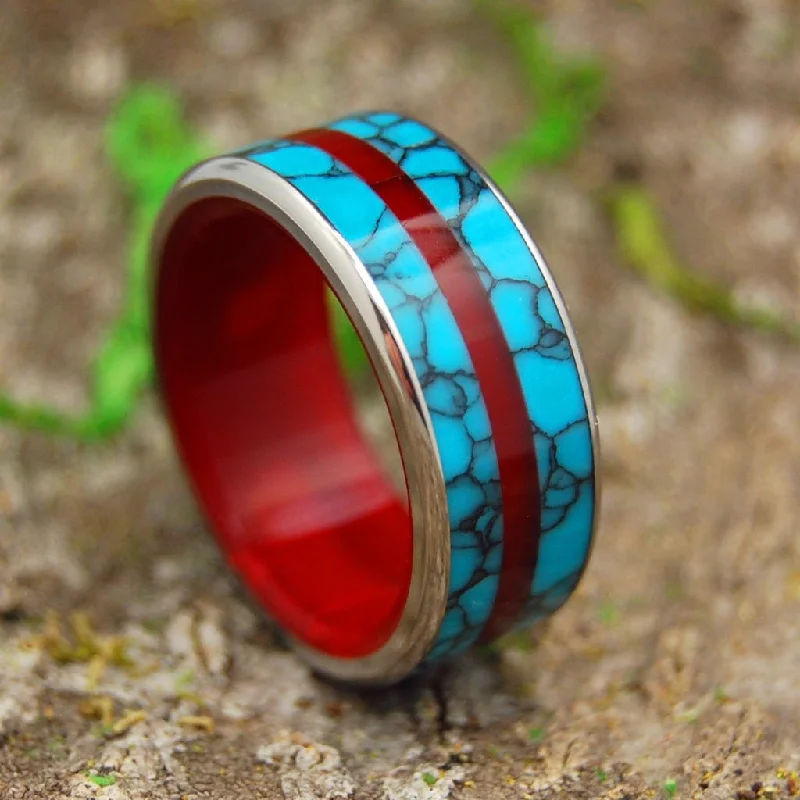 Arctic Fire's Desire | Men's Turquoise, Red Resin & Titanium Wedding Ring